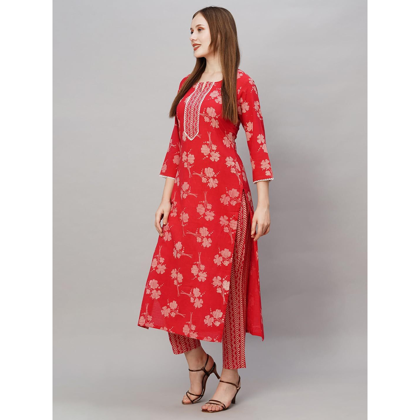 ANNI DESIGNER Women's Cotton Blend Printed Straight Kurta with Pant (Lalbagh Red_L_Red_Large)