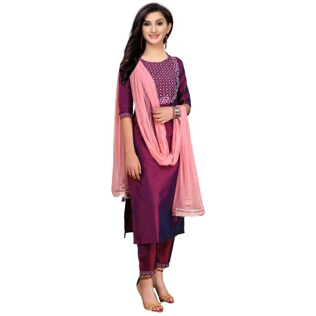 Yashika Women's Art Silk Purple Color Kurta and Pant Set with Dupatta(YS-KS2037-M) (YS-KS2037-KS2050-P