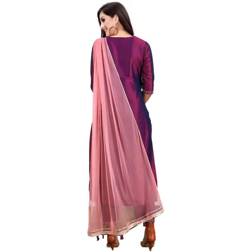 Yashika Women's Art Silk Purple Color Kurta and Pant Set with Dupatta(YS-KS2037-M) (YS-KS2037-KS2050-P