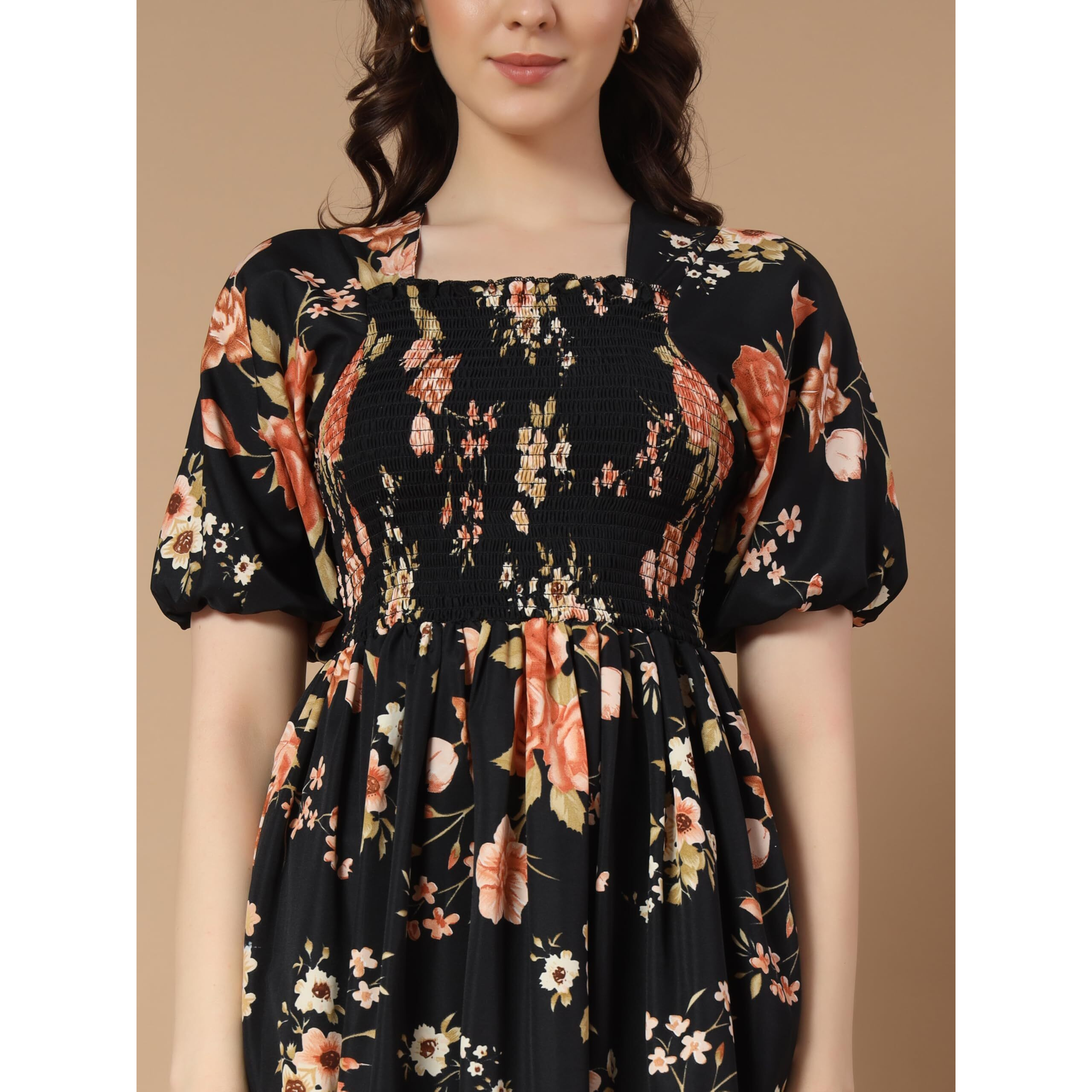 KZULLY Women's Crepe A-Line Midi Dress (1001-Gold-Flower-Black-M_Gold