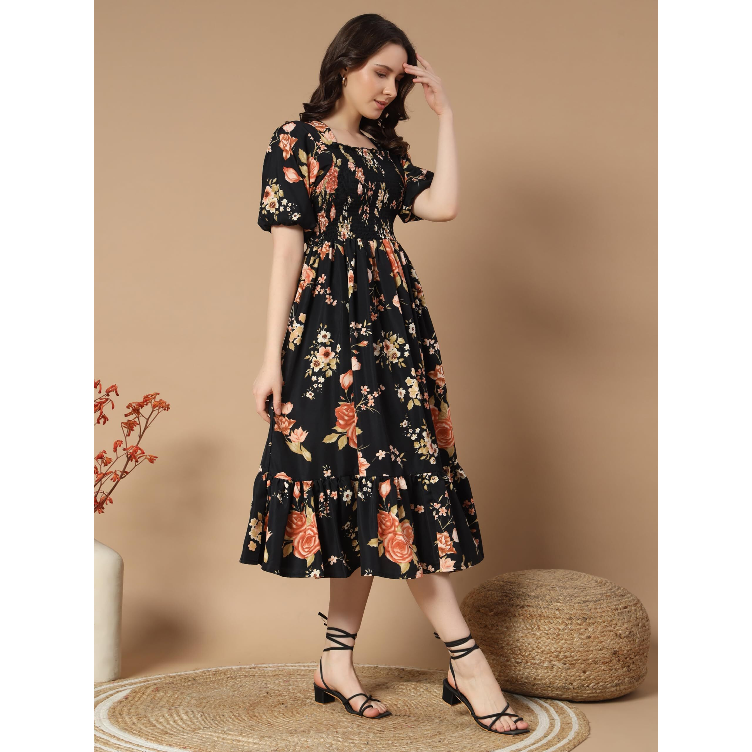 KZULLY Women's Crepe A-Line Midi Dress (1001-Gold-Flower-Black-M_Gold