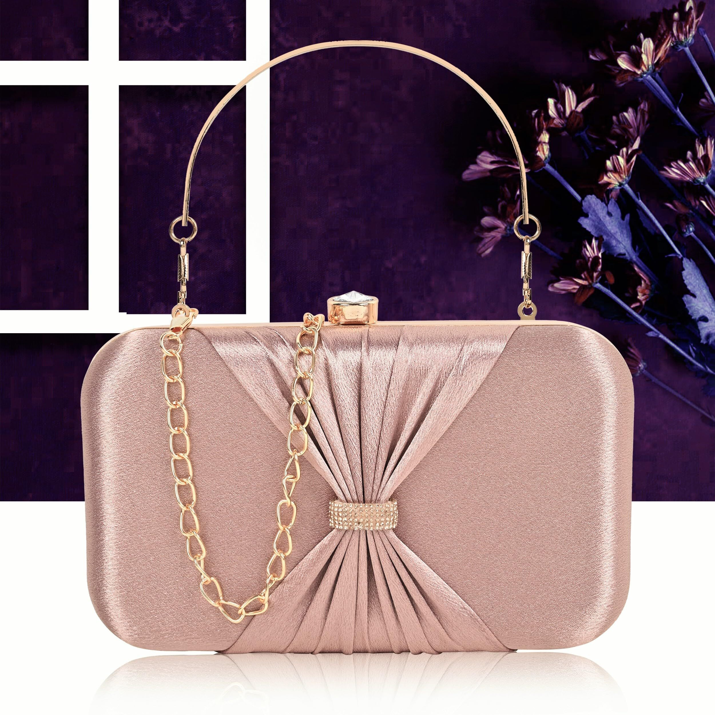 ADISA bow formal party clutch with gold chain for women and girls (CL102-PIN_Pink Taupe)