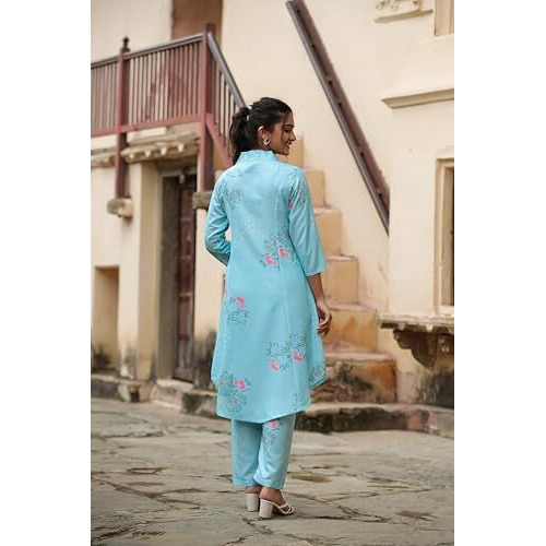 Leriya Fashion Women's Rayon Printed Regular Kurta Set (LF-W2117&TR1080_Blue_L)