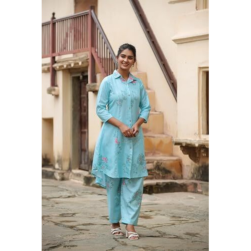 Leriya Fashion Women's Rayon Printed Regular Kurta Set (LF-W2117&TR1080_Blue_L)