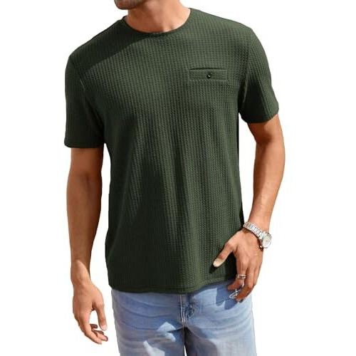 TAGDO Men's Waffle Knitted Crew Neck Regular Fit Tees (Waffle-5154-Green-M)