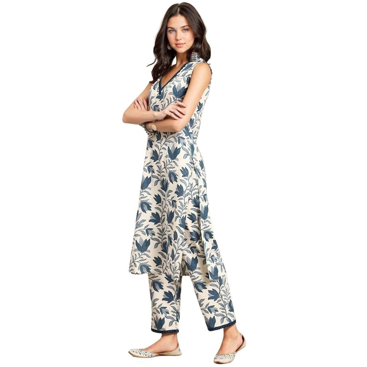 rytras Women's Cotton Printed Straight Kurta and Pant Set(Beige,S)