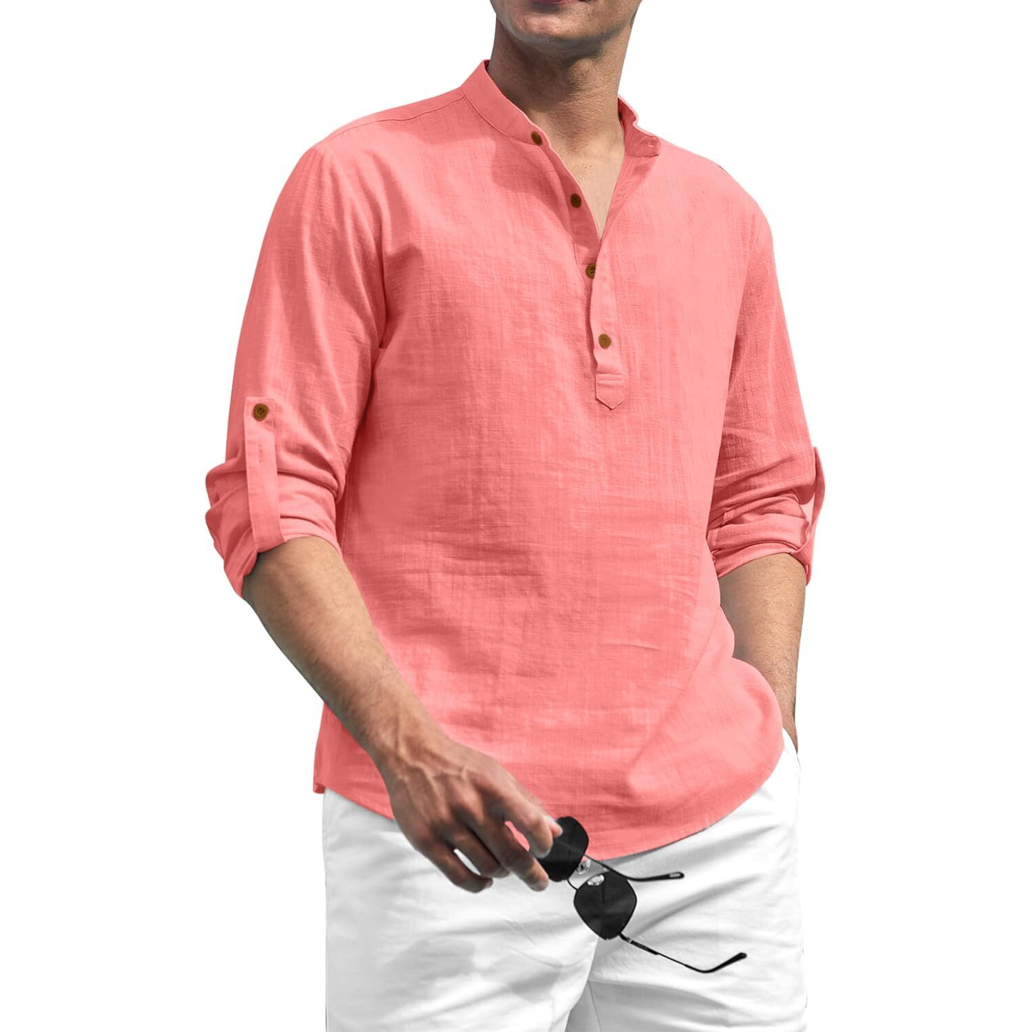 Zombom Cotton Blend Solid Casual Regular Fit Mandarin/Chinese Collor Short Kurta for Men Peach