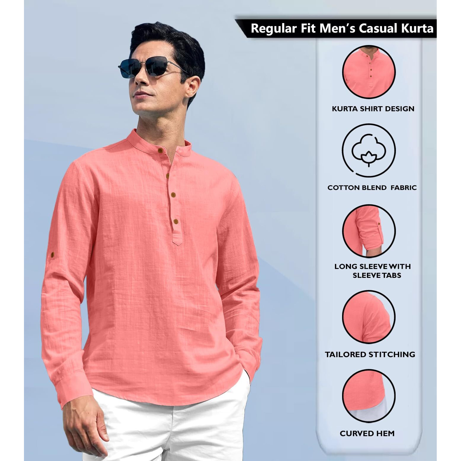 Zombom Cotton Blend Solid Casual Regular Fit Mandarin/Chinese Collor Short Kurta for Men Peach
