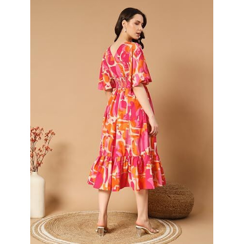 KZULLY Women's Rayon Smocked Midi Dress (6001-Orange-Pink- Orange-Pink_XL)
