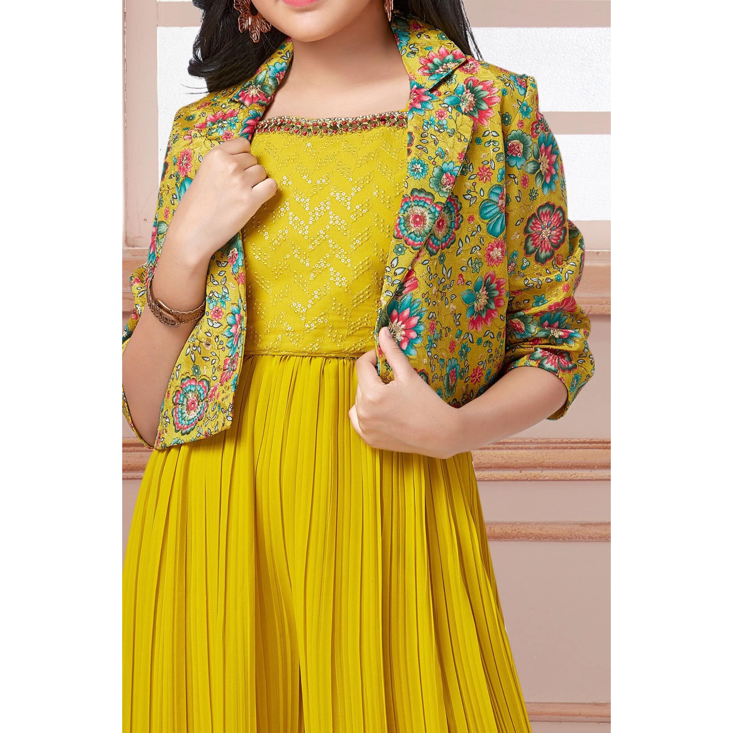 White Button new lemon sequence work with floral print jacket style indowestern palazzo set for girls (12-13 Years)
