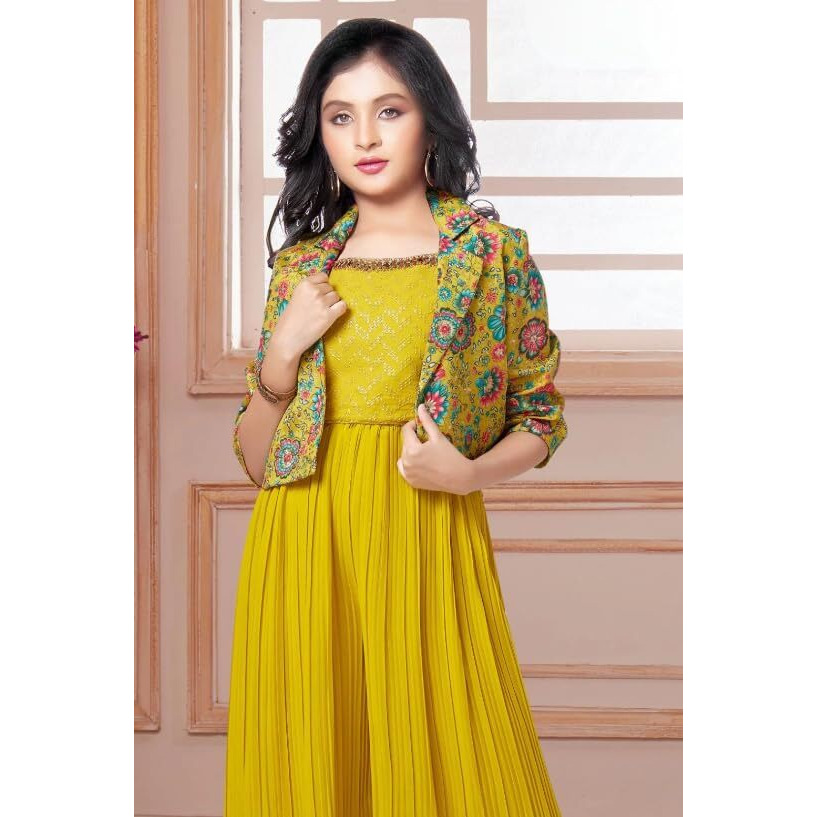 White Button new lemon sequence work with floral print jacket style indowestern palazzo set for girls (12-13 Years)