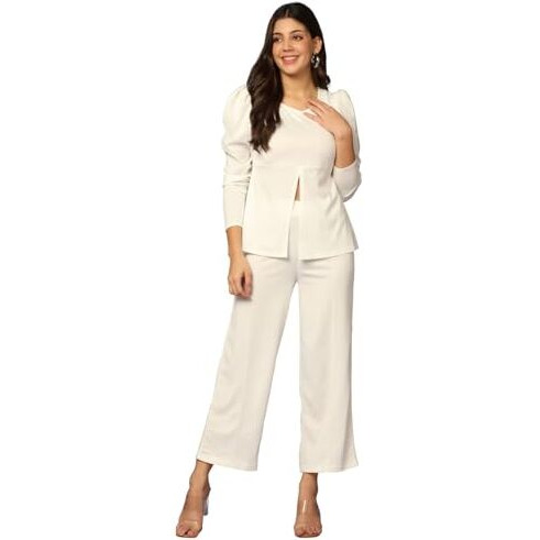 GRECIILOOKS Womens A-Line Lycra Regular Fit Co-Ord Set (White, Medium)