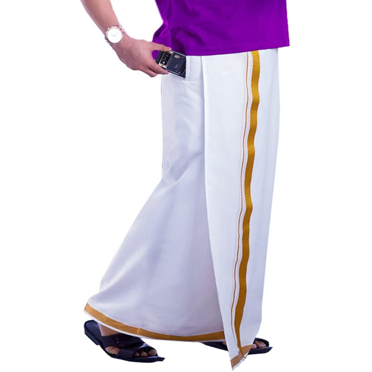 PRAKASAM COTTON White Colour-Gold Jari Border Welcro Pocket Stitched dhoti for mens/Size Hip -30 inches- Length- 42 inches