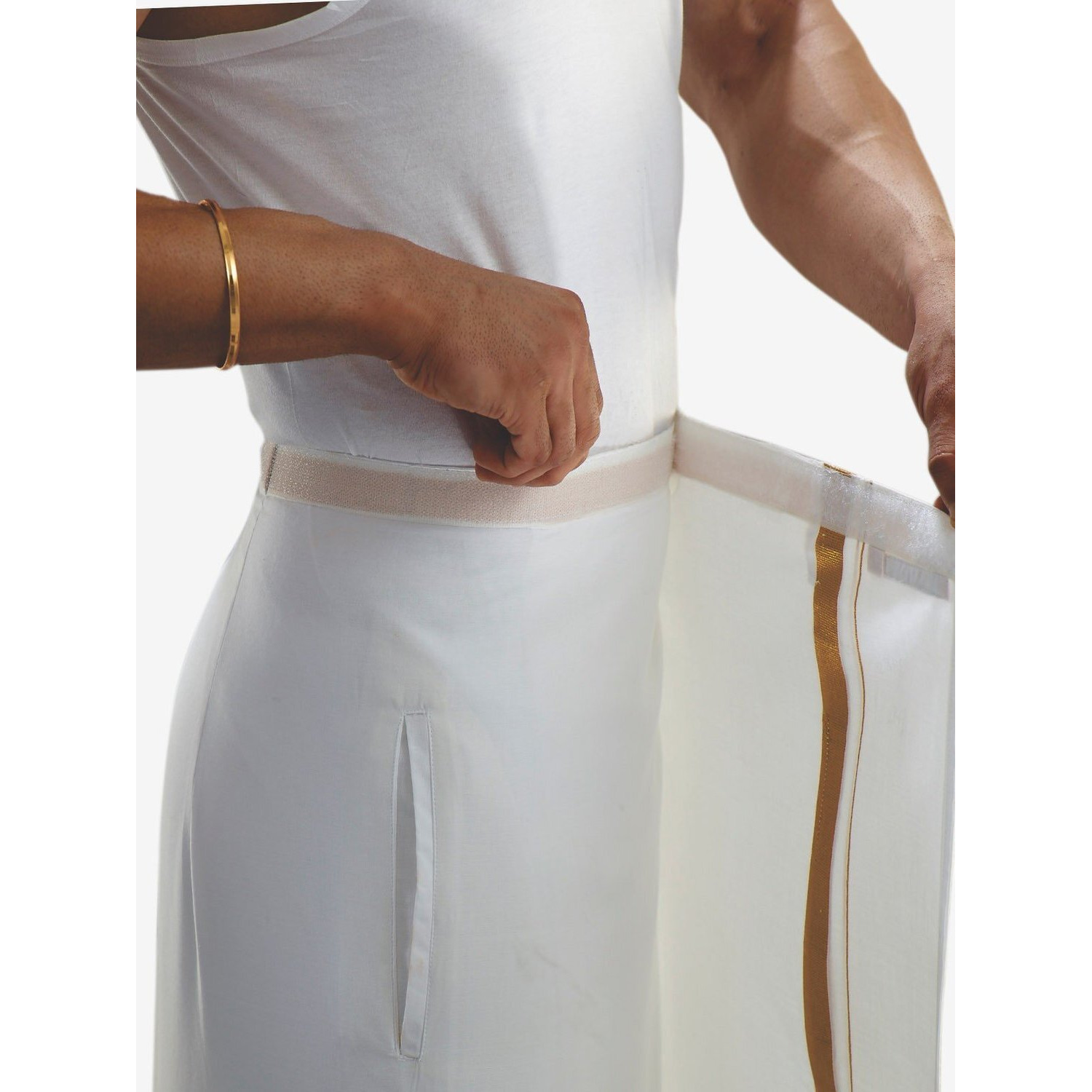 PRAKASAM COTTON White Colour-Gold Jari Border Welcro Pocket Stitched dhoti for mens/Size Hip -30 inches- Length- 42 inches