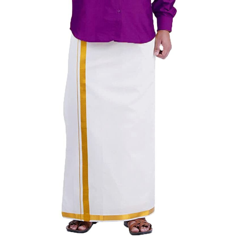 PRAKASAM COTTON White Colour-Gold Jari Border Welcro Pocket Stitched dhoti for mens/Size Hip -30 inches- Length- 42 inches