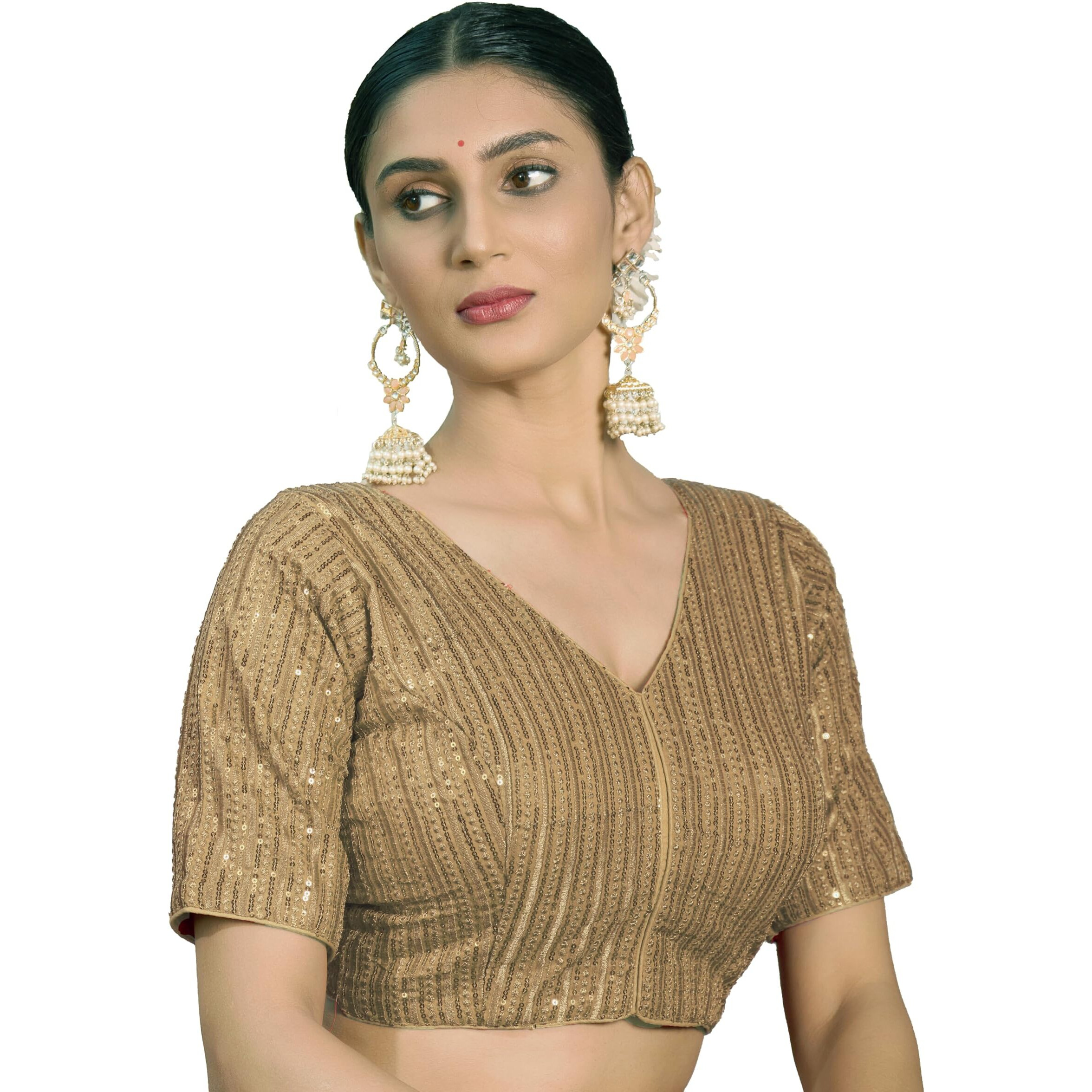 Pujia Mills Women's Indian Ethnic Wear Designer Silver Sequence with Matching Embroidered Work V Neck Half Sleeve Readymade Padded Saree Blouse Readymade Unique Gold Color Saree Blouse