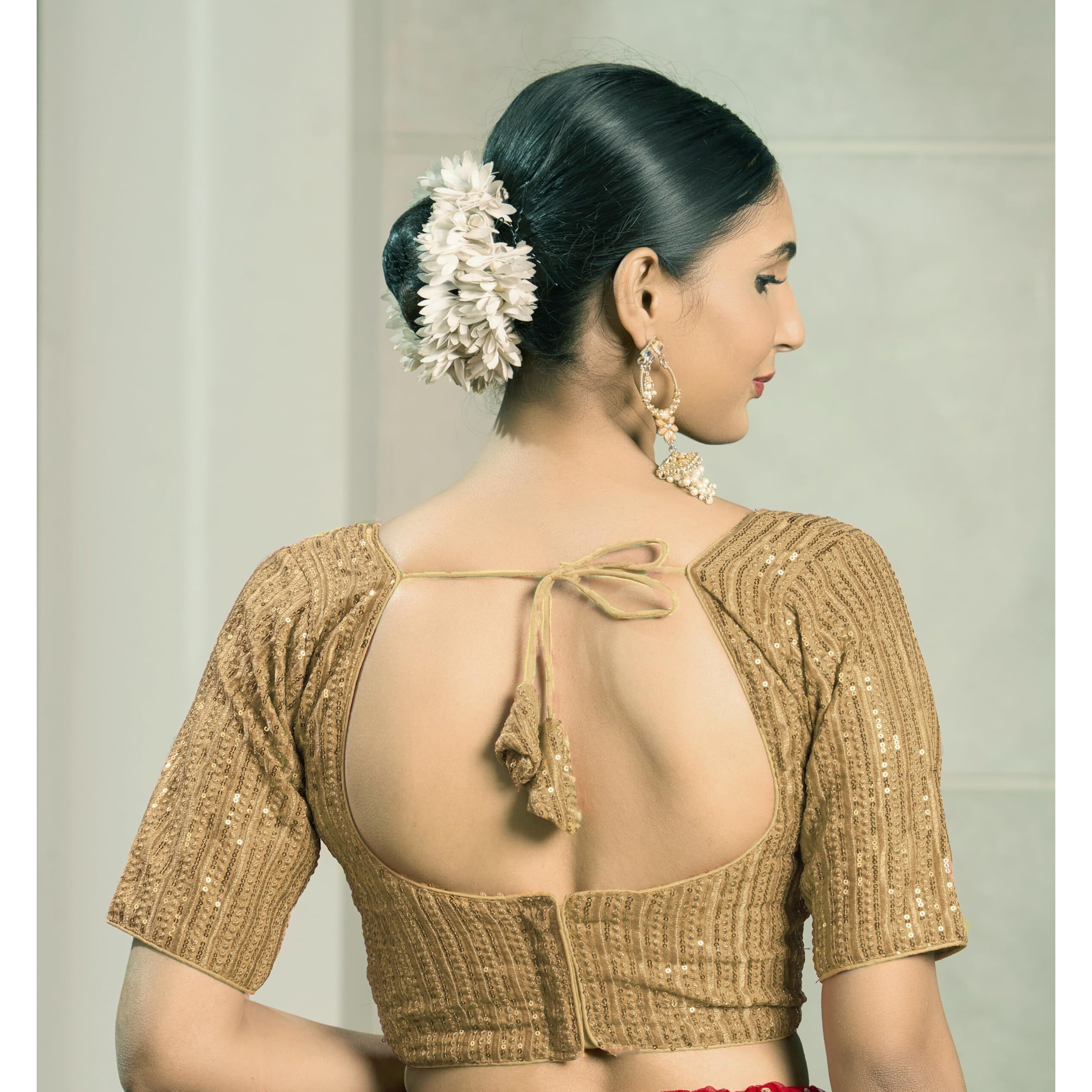 Pujia Mills Women's Indian Ethnic Wear Designer Silver Sequence with Matching Embroidered Work V Neck Half Sleeve Readymade Padded Saree Blouse Readymade Unique Gold Color Saree Blouse