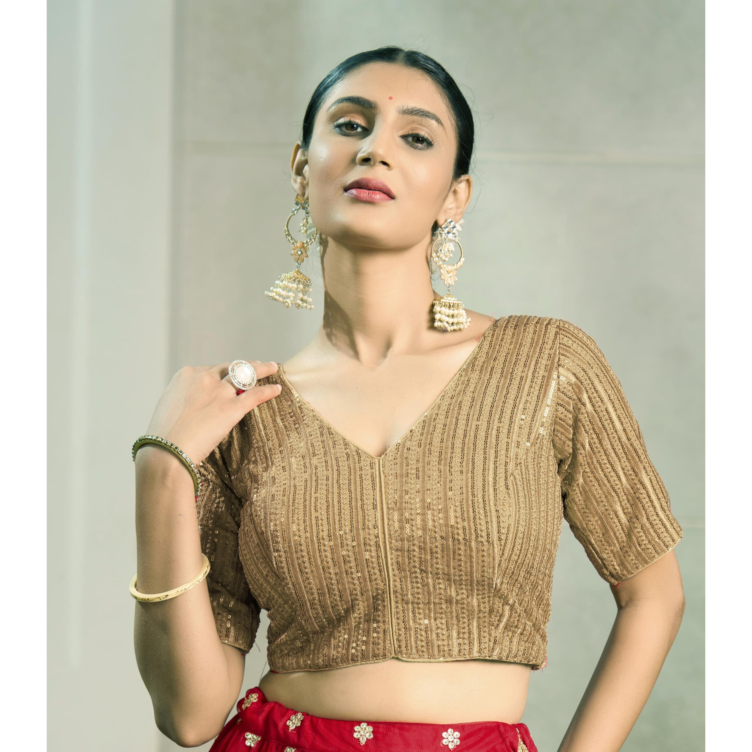 Pujia Mills Women's Indian Ethnic Wear Designer Silver Sequence with Matching Embroidered Work V Neck Half Sleeve Readymade Padded Saree Blouse Readymade Unique Gold Color Saree Blouse