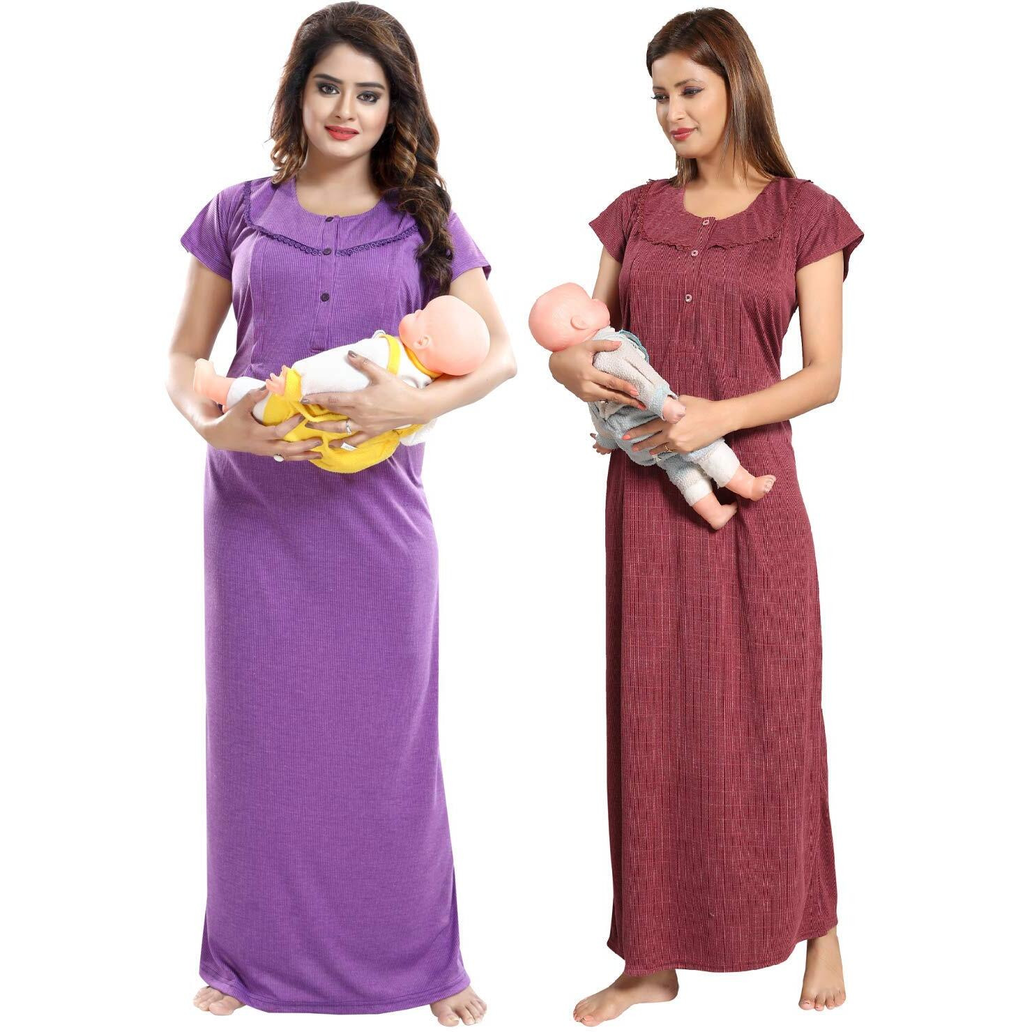Fabme Women's Cotton Blend Textured Maxi Casual Night Gown (Po2-NW0142_Lavender, Maroon_Free Size)