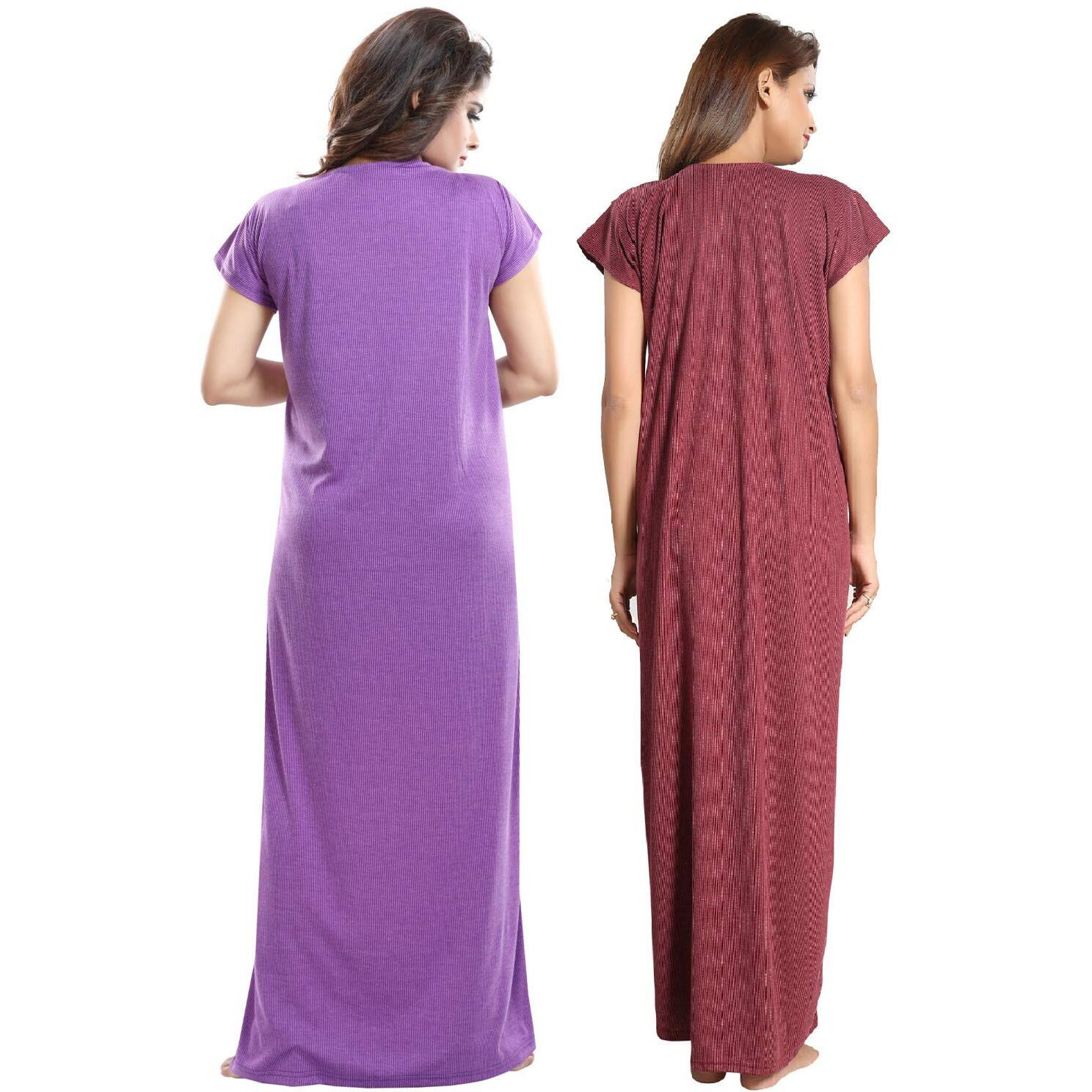 Fabme Women's Cotton Blend Textured Maxi Casual Night Gown (Po2-NW0142_Lavender, Maroon_Free Size)