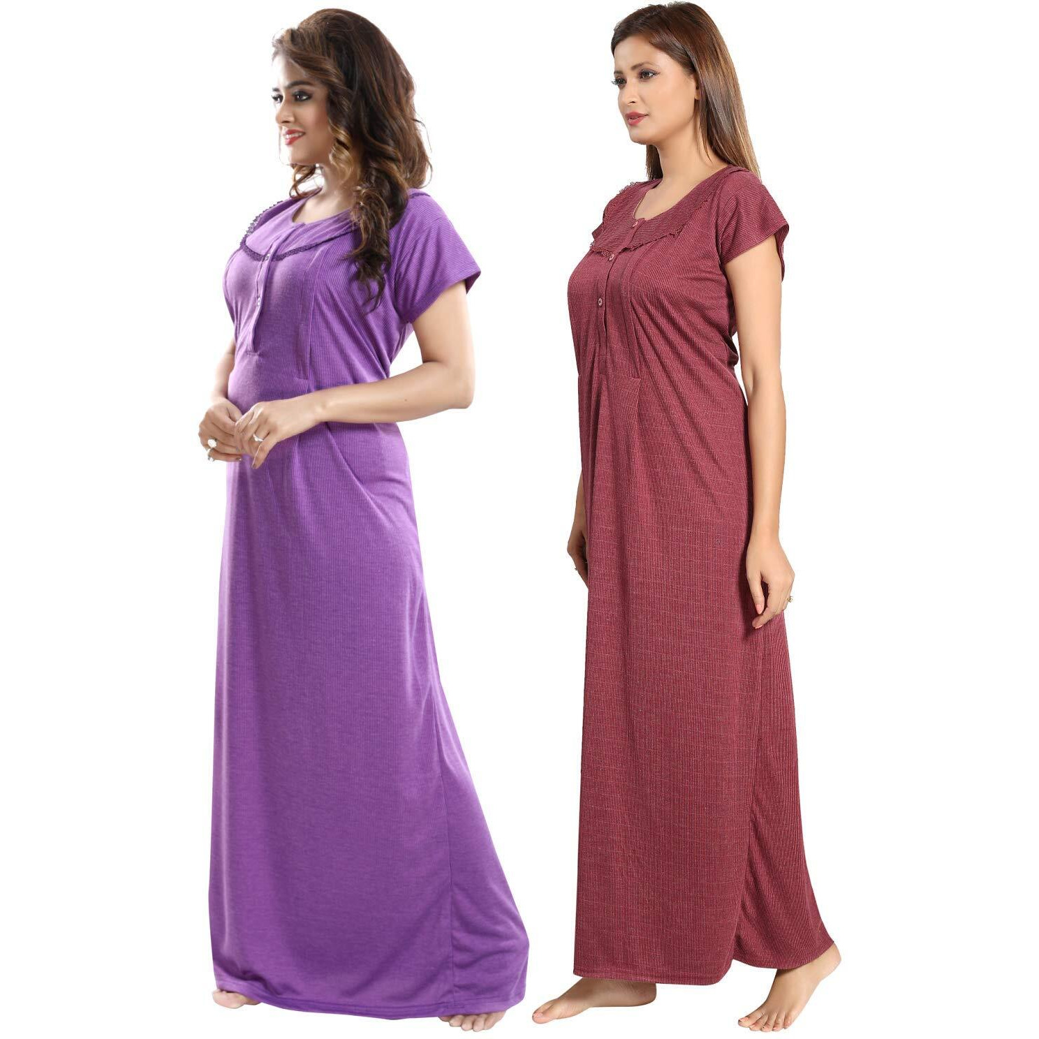 Fabme Women's Cotton Blend Textured Maxi Casual Night Gown (Po2-NW0142_Lavender, Maroon_Free Size)