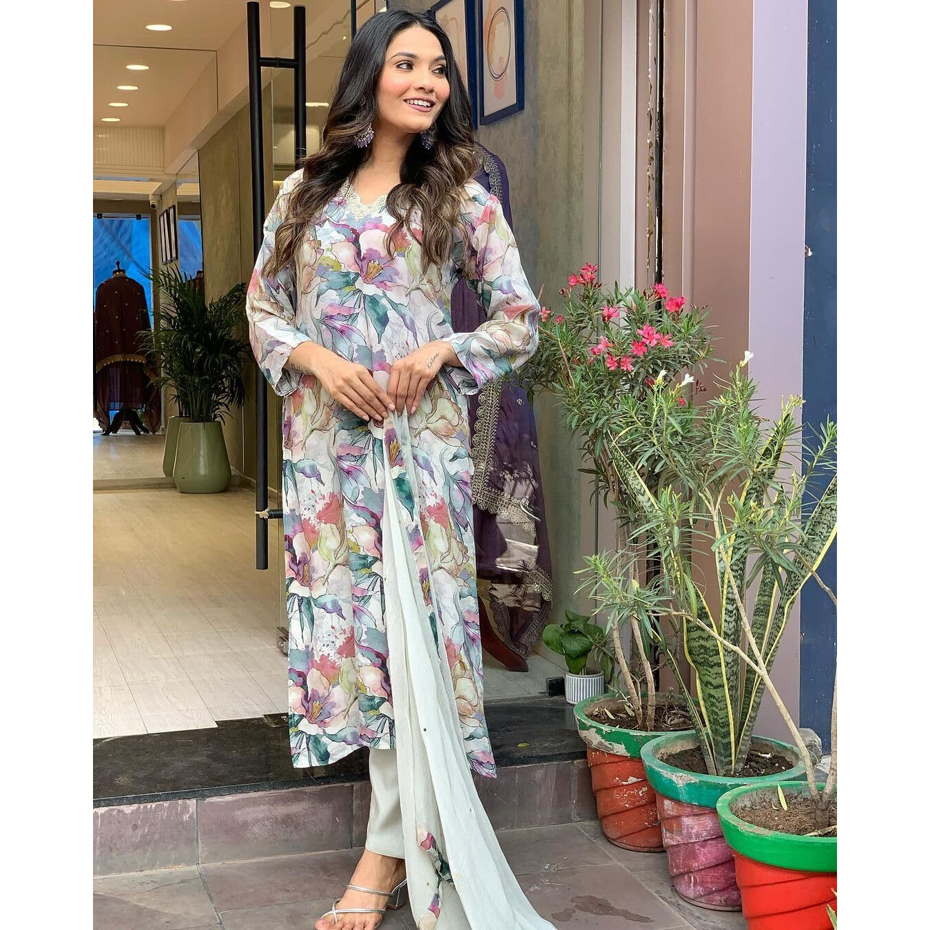 GoSriKi Women's Cotton Blend Straight Printed Kurta with Pant & Dupatta (Habibi Grey-GS_S_Grey_Small)