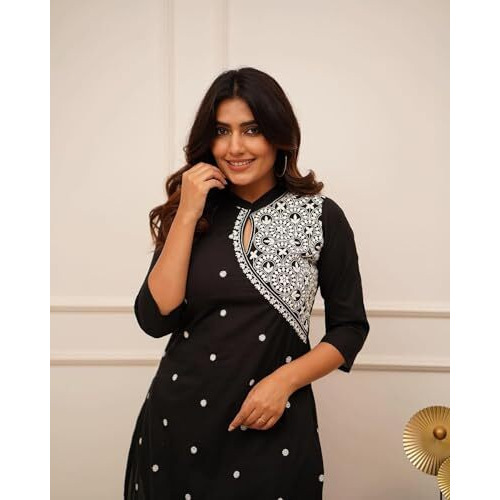 FABNEX kurta set for women | women embroidered kurta set | Women Kurta Sets Kurtis | Women Kurta Pant Set (K-34-38) (S, Black)