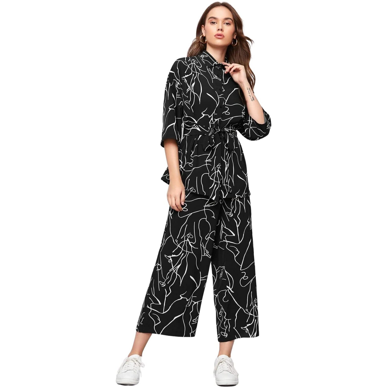 GRECIILOOKS Women Co Ord Set| Collared Self Belted Allover Print| Half Sleeve Shirt| Straight Shirt with Belt| Women Two-Piece Outfits| Summer Wear| Outdoor Wear (X-Large, Black)