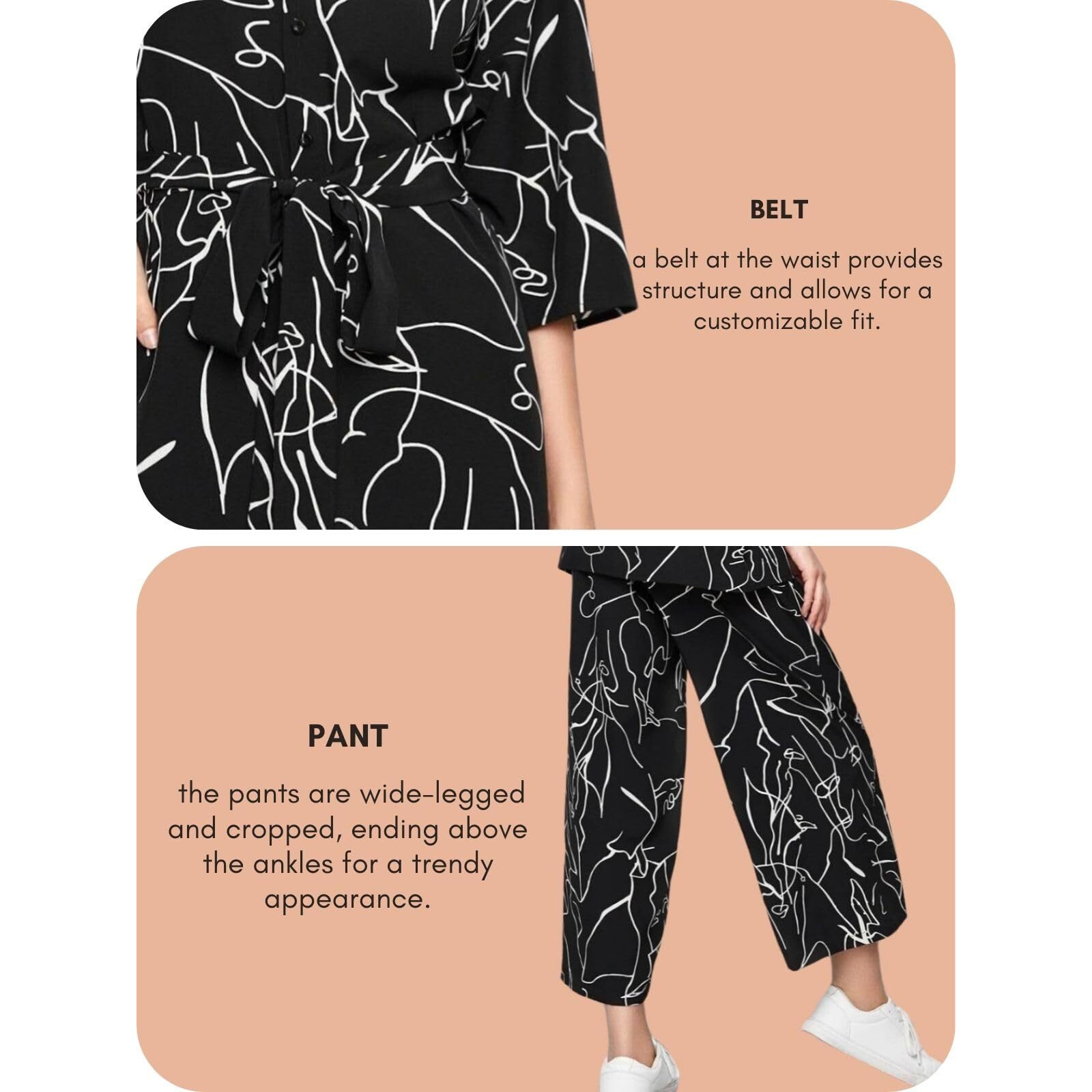 GRECIILOOKS Women Co Ord Set| Collared Self Belted Allover Print| Half Sleeve Shirt| Straight Shirt with Belt| Women Two-Piece Outfits| Summer Wear| Outdoor Wear (X-Large, Black)