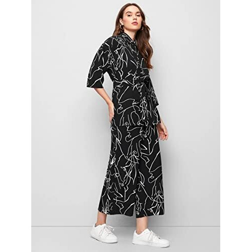 GRECIILOOKS Women Co Ord Set| Collared Self Belted Allover Print| Half Sleeve Shirt| Straight Shirt with Belt| Women Two-Piece Outfits| Summer Wear| Outdoor Wear (X-Large, Black)