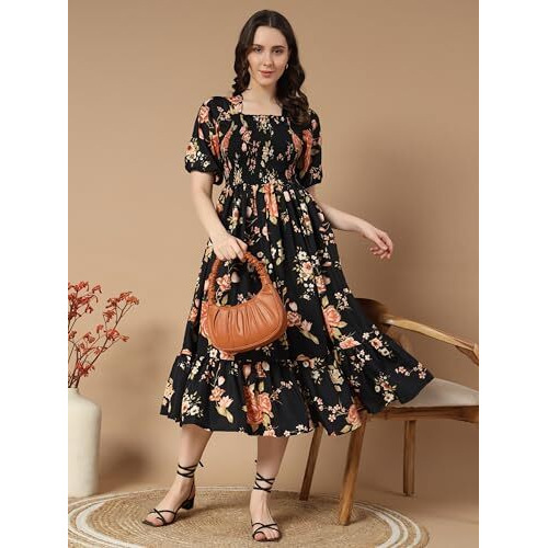 KZULLY Women's Crepe A-Line Midi Dress (1001-Gold-Flower-Black-XXL_Gold