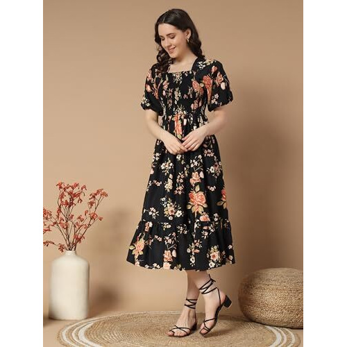KZULLY Women's Crepe A-Line Midi Dress (1001-Gold-Flower-Black-XXL_Gold