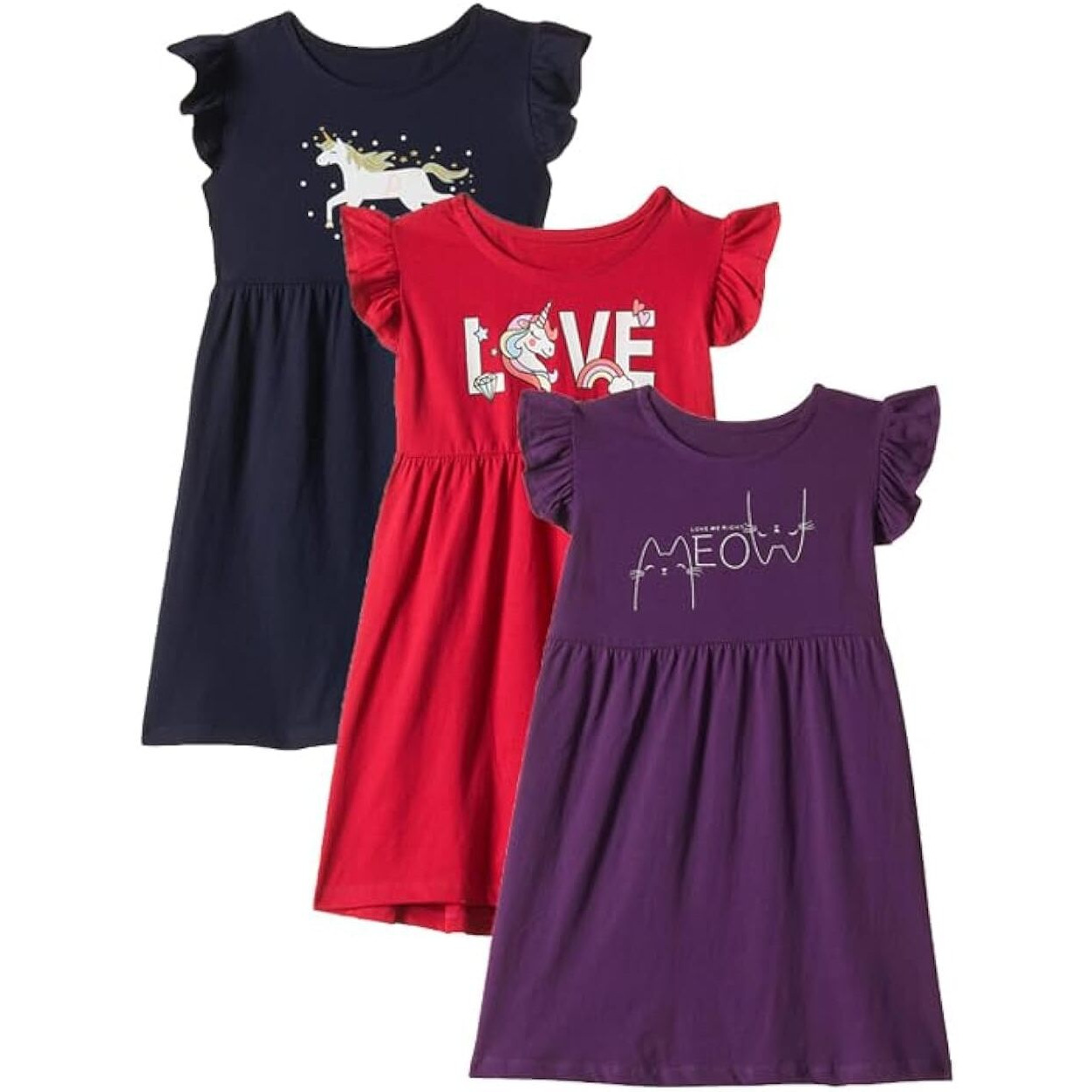 T2F Girl's Cotton A-Line Knee-Length Casual Dress (DRZ3P02_Navy+Fusia+Purple