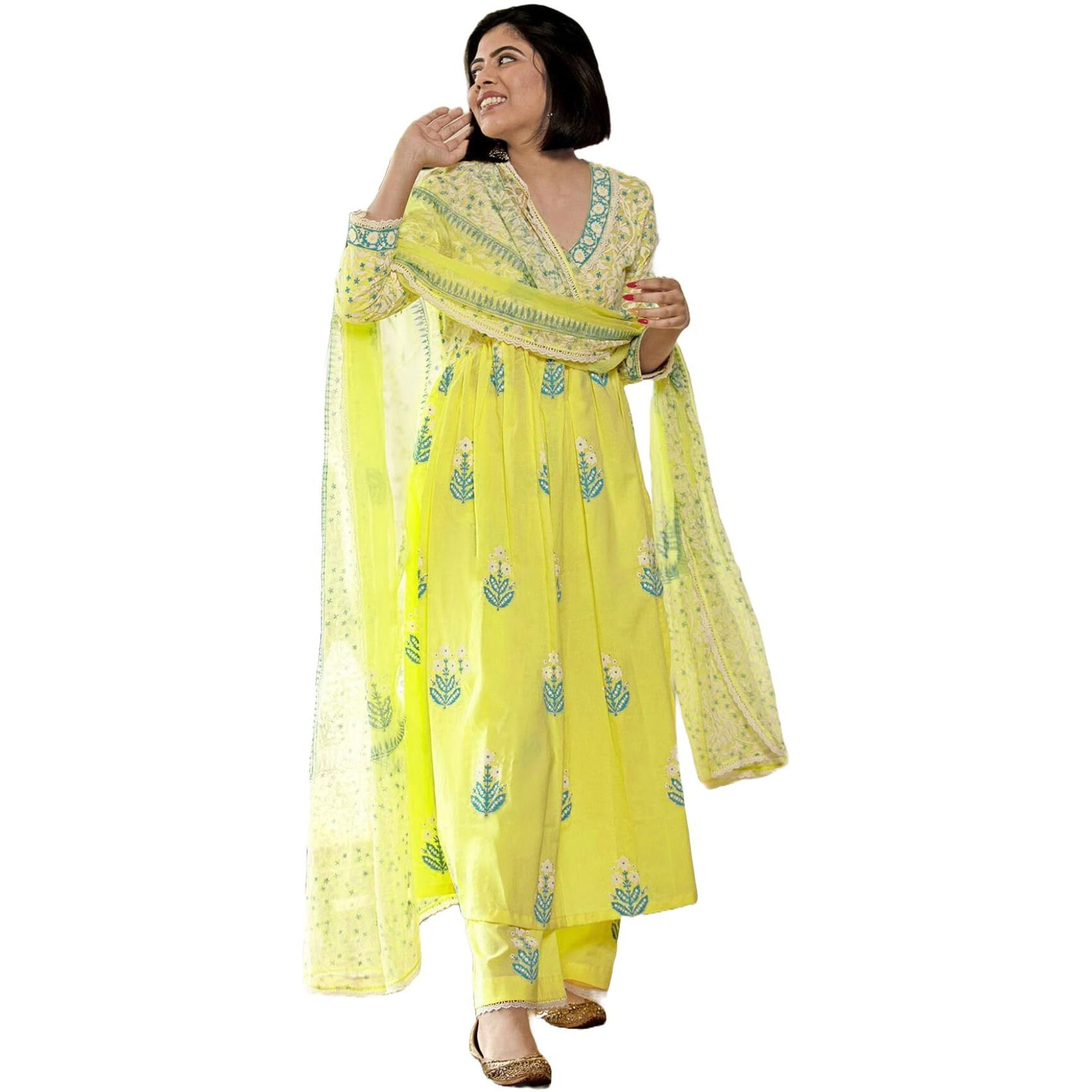 GoSriKi Women's Rayon Blend Anarkali Printed Kurta with Pant & Dupatta (Renu-Yellow-NW-GS_XXL_Yellow_XX-Large)