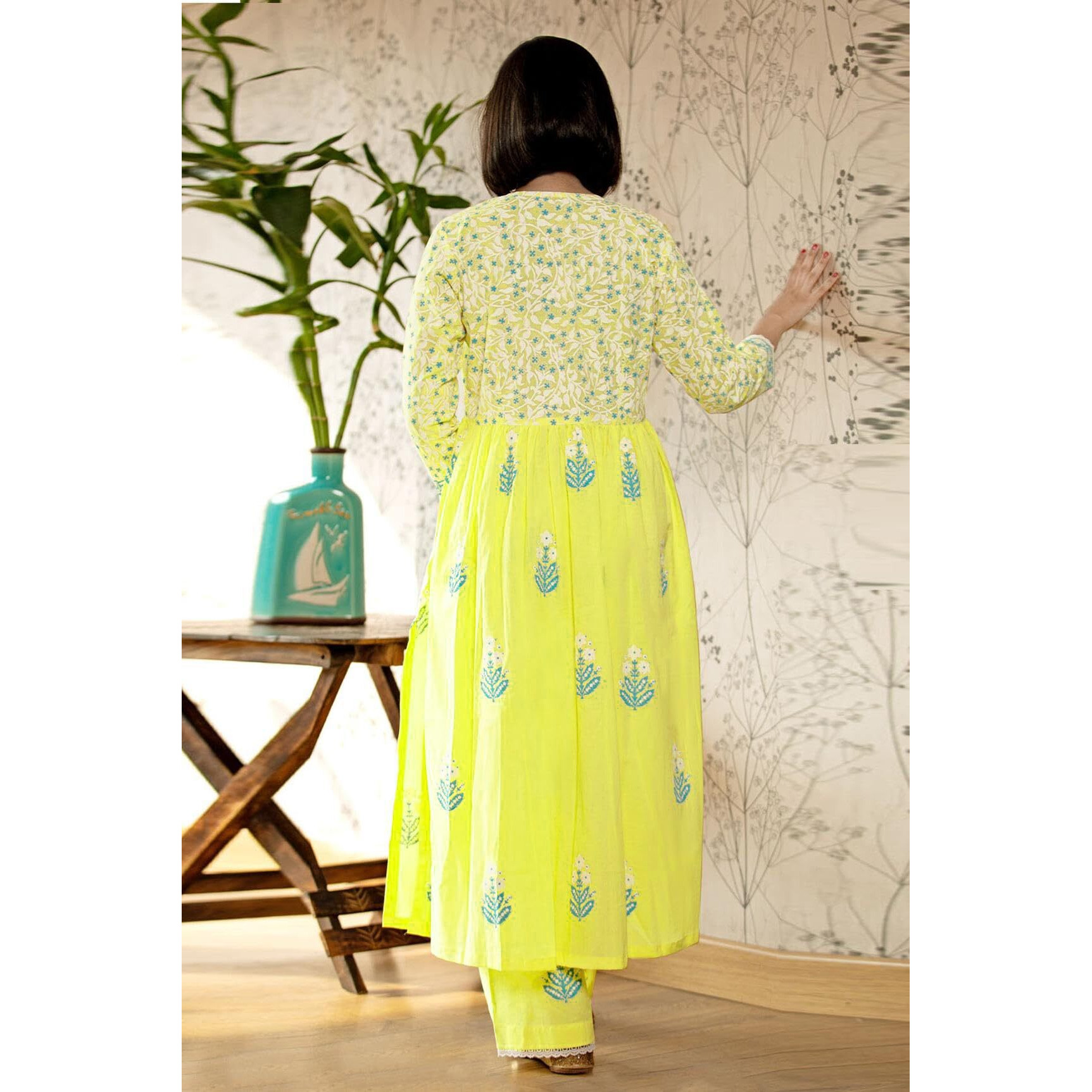 GoSriKi Women's Rayon Blend Anarkali Printed Kurta with Pant & Dupatta (Renu-Yellow-NW-GS_XXL_Yellow_XX-Large)