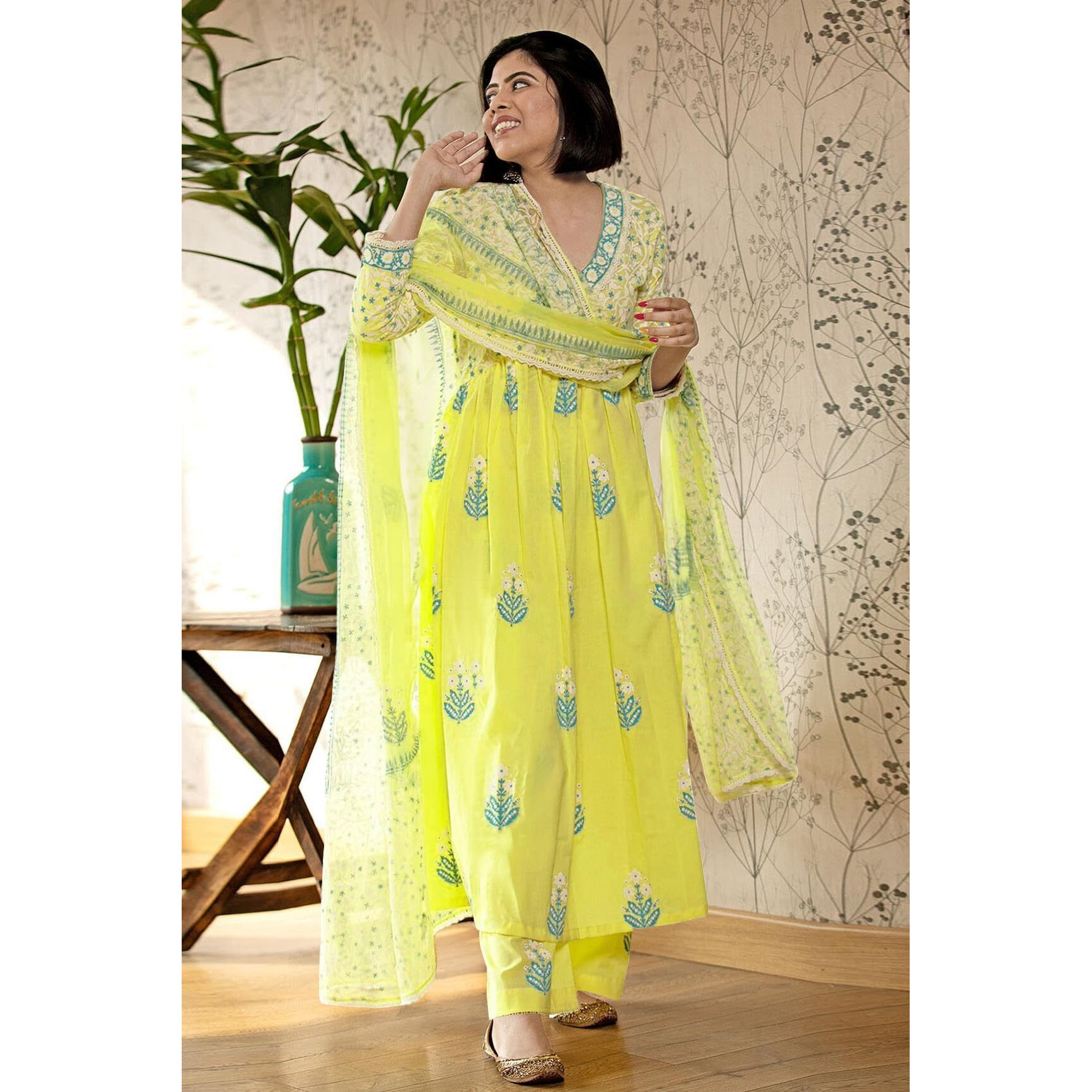 GoSriKi Women's Rayon Blend Anarkali Printed Kurta with Pant & Dupatta (Renu-Yellow-NW-GS_XXL_Yellow_XX-Large)