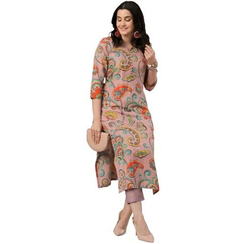 ANNI DESIGNER Women's Cotton Blend Straight Printed Kurta with Pant (Tinka Peach_L_Peach_Large)