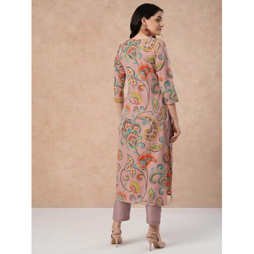 ANNI DESIGNER Women's Cotton Blend Straight Printed Kurta with Pant (Tinka Peach_L_Peach_Large)