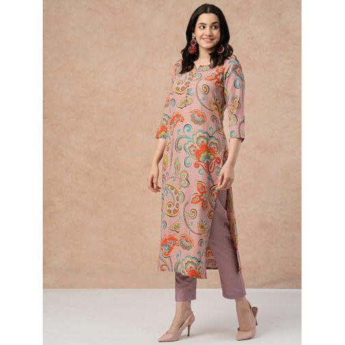 ANNI DESIGNER Women's Cotton Blend Straight Printed Kurta with Pant (Tinka Peach_L_Peach_Large)