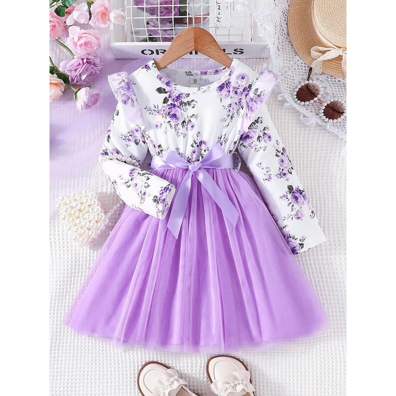 Niren Enterprise Girls Modal and net Fabric Full Sleeve Knee Length Frock (Purple COCHOA, 2-3Y)