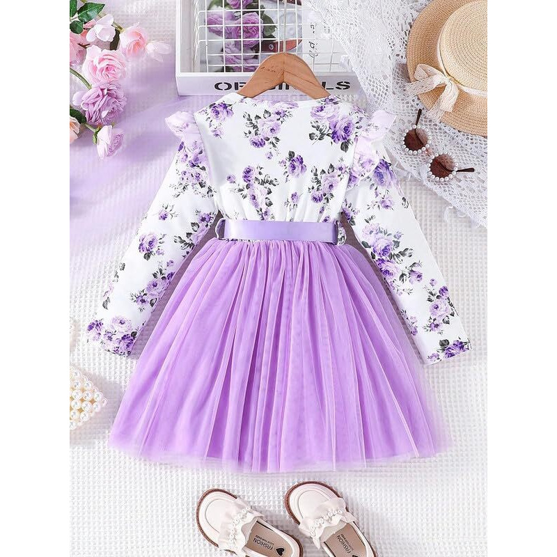 Niren Enterprise Girls Modal and net Fabric Full Sleeve Knee Length Frock (Purple COCHOA, 2-3Y)