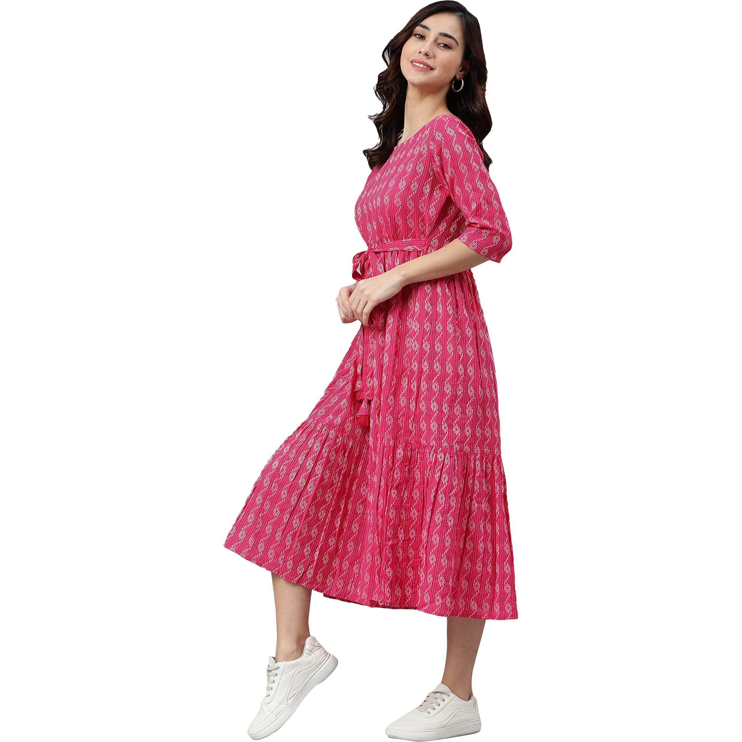 Janasya Women's Pink Pure Cotton Woven Design Tiered Dress(JNE3869-DR-L)