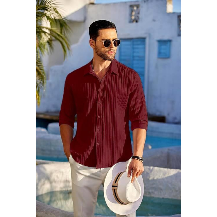 CB-COLEBROOK Men's Casual Button Down Shirts Long Sleeve Linen Shirt Fashion Textured Beach Summer Shirt (in, Alpha, M, Regular, Dark RED)