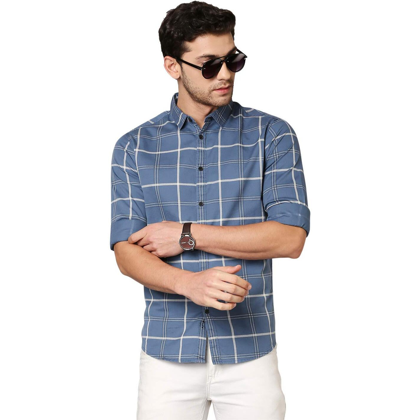 Dennis Lingo Men's Checkered D-Blue Slim Fit Cotton Casual Shirt (AZ751_D-Blue_XXL)