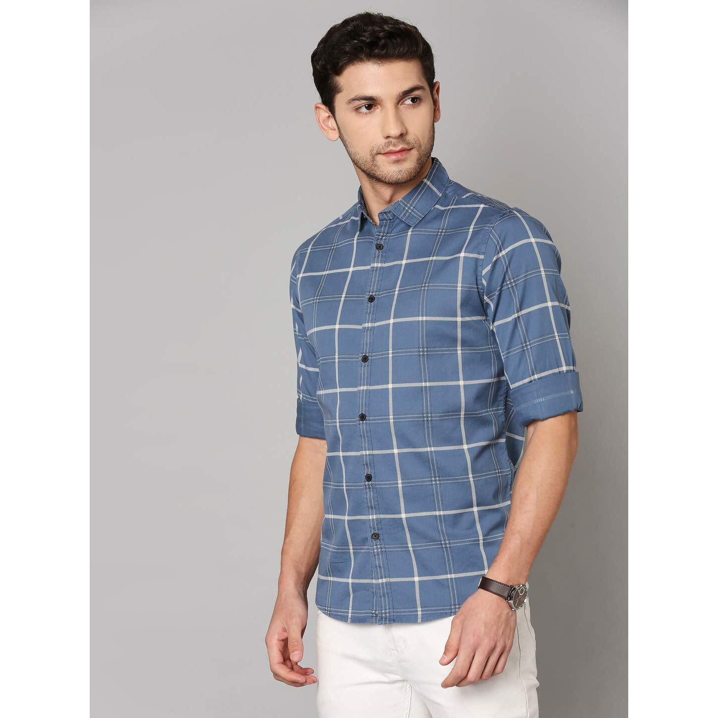 Dennis Lingo Men's Checkered D-Blue Slim Fit Cotton Casual Shirt (AZ751_D-Blue_XXL)