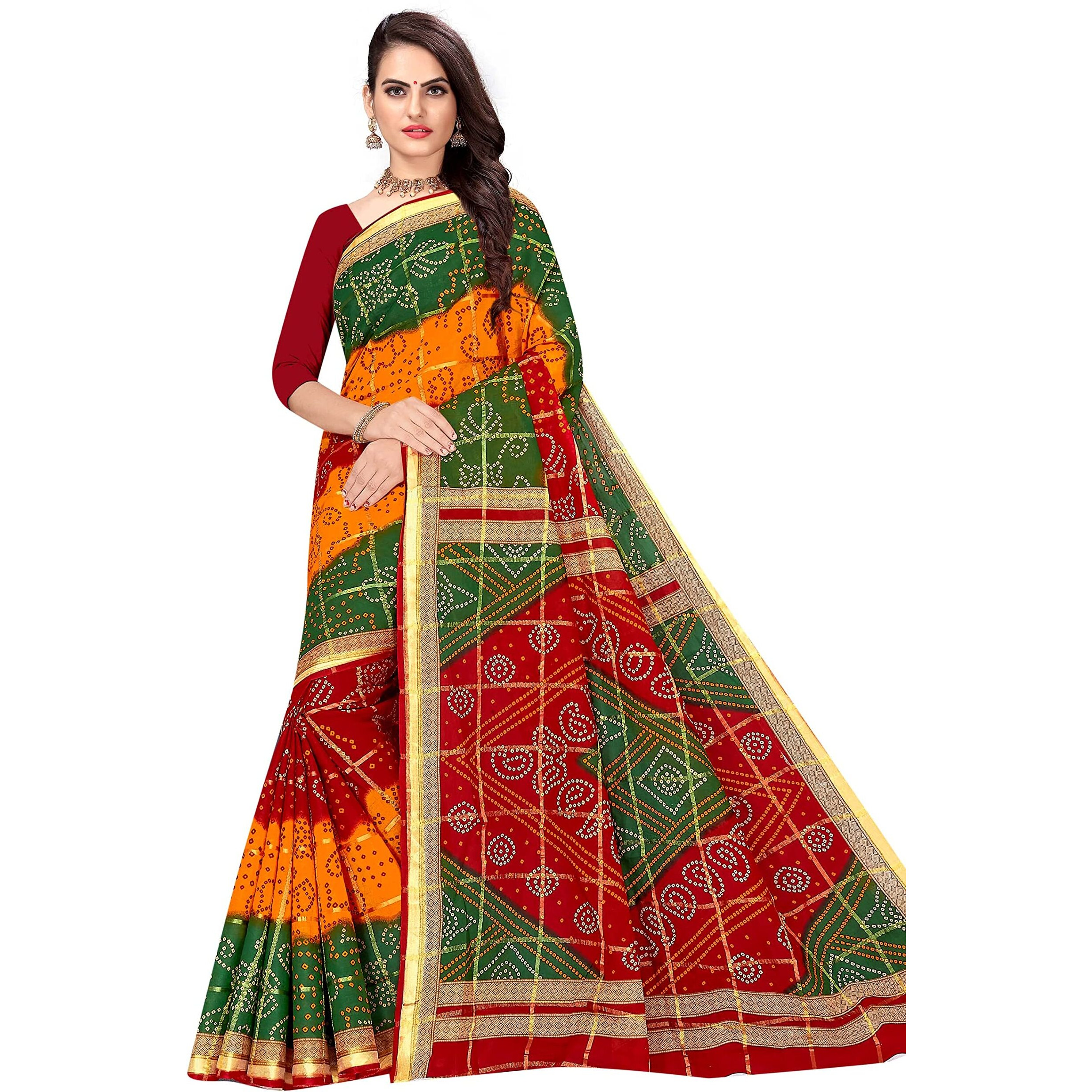 TAMAIRA FASHION Women's Pure Cotton Bandhani Saree Without Blouse Piece(2438_Red)