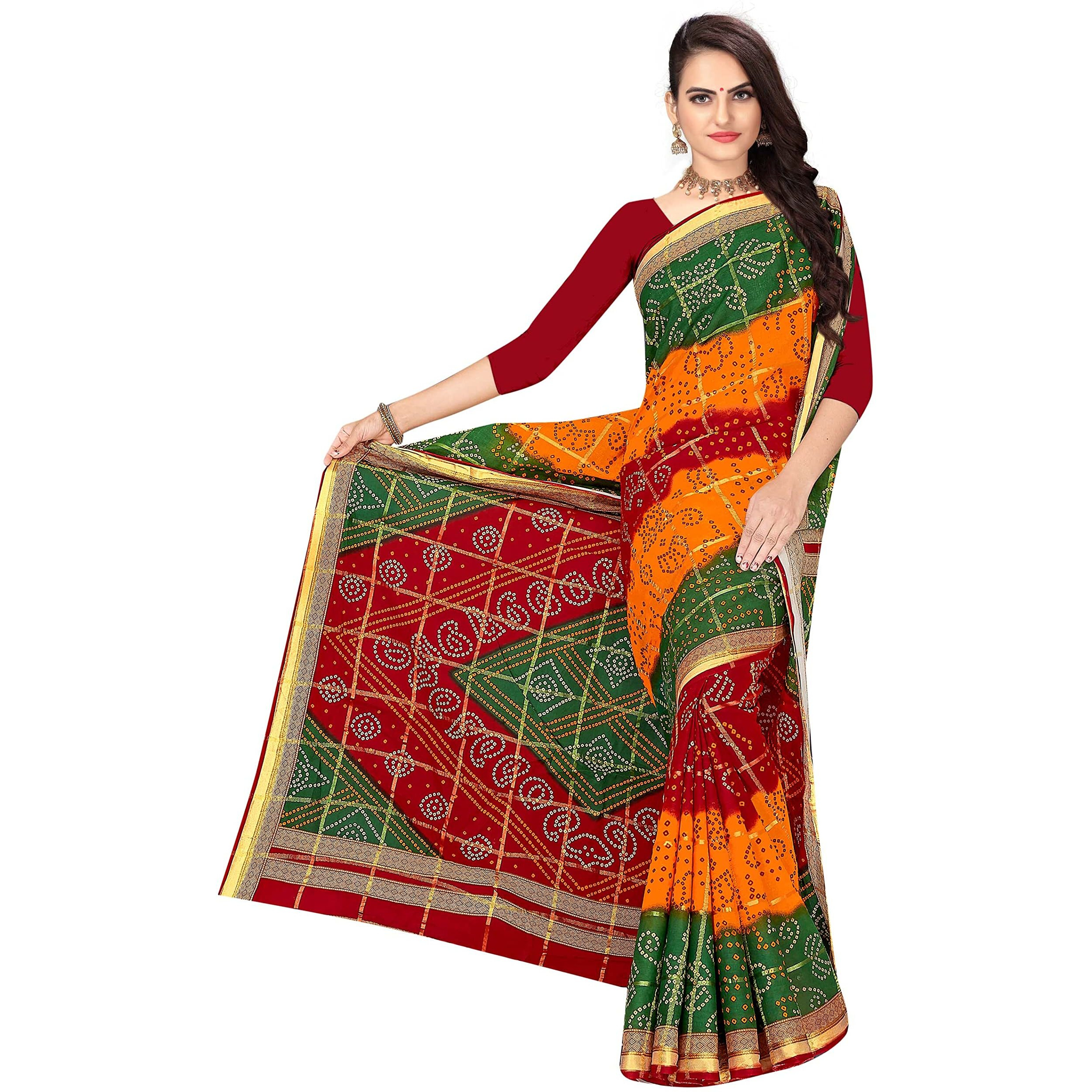 TAMAIRA FASHION Women's Pure Cotton Bandhani Saree Without Blouse Piece(2438_Red)