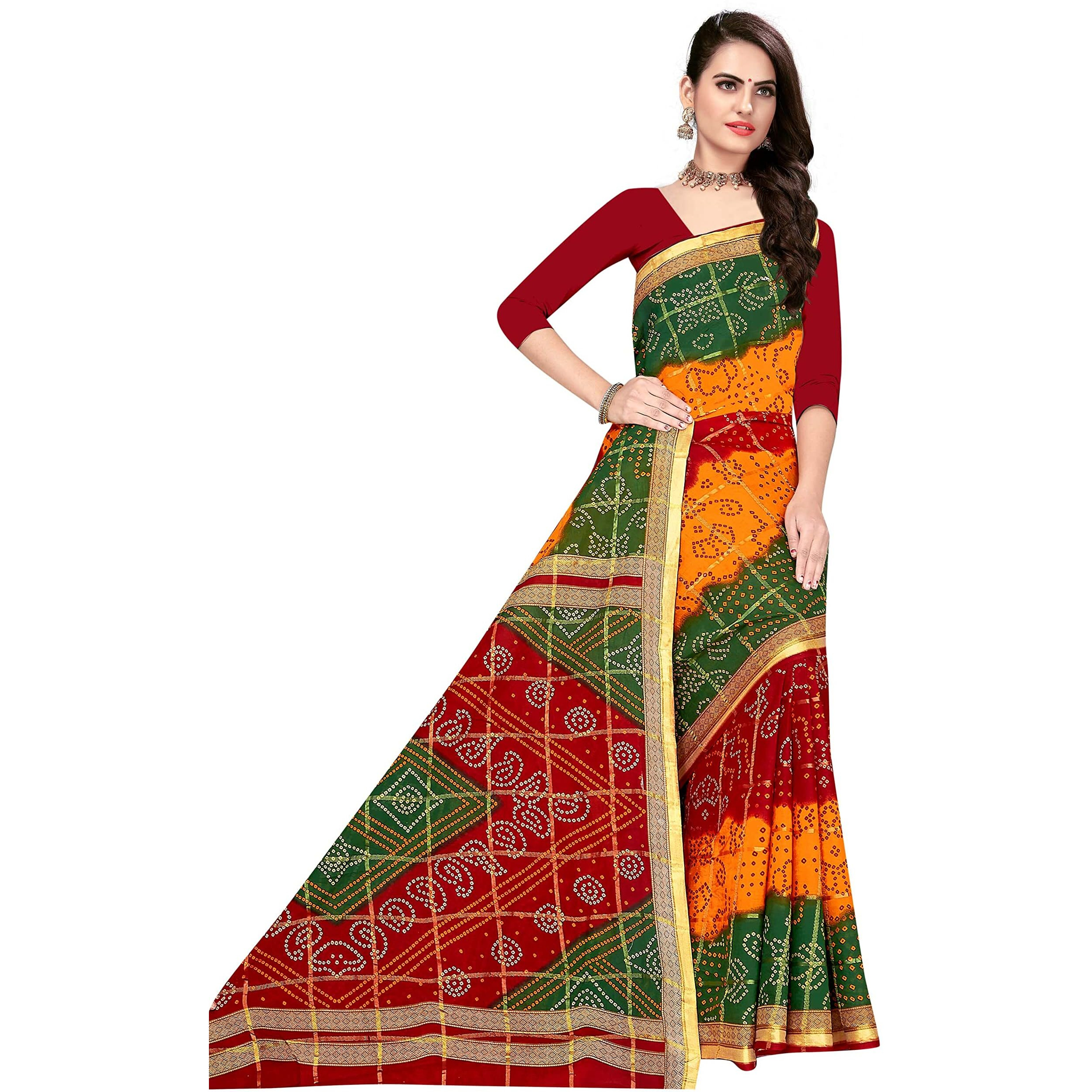 TAMAIRA FASHION Women's Pure Cotton Bandhani Saree Without Blouse Piece(2438_Red)