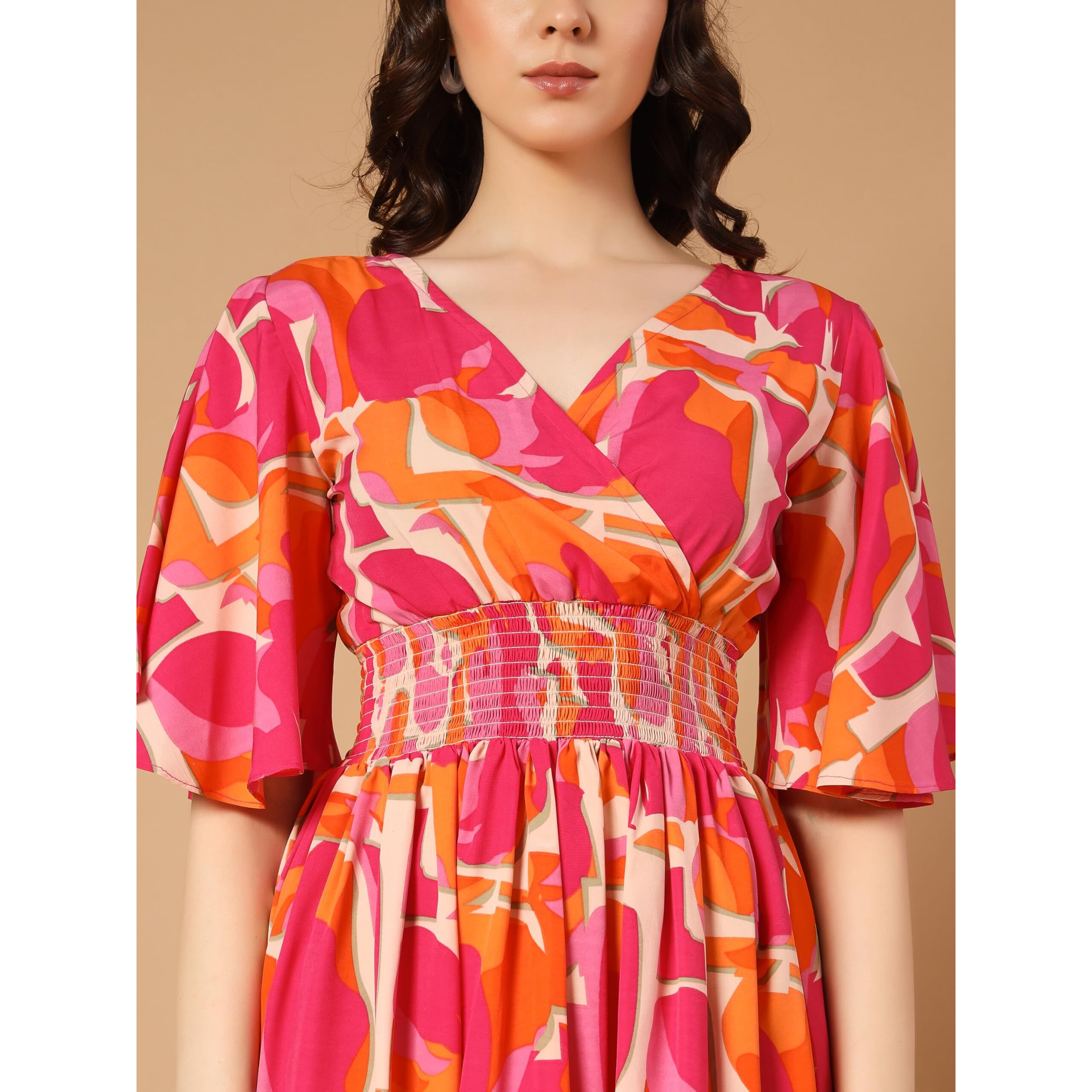 KZULLY Women's Rayon Smocked Midi Dress (6001-Orange-Pink-XXL_Orange-Pink_2XL)