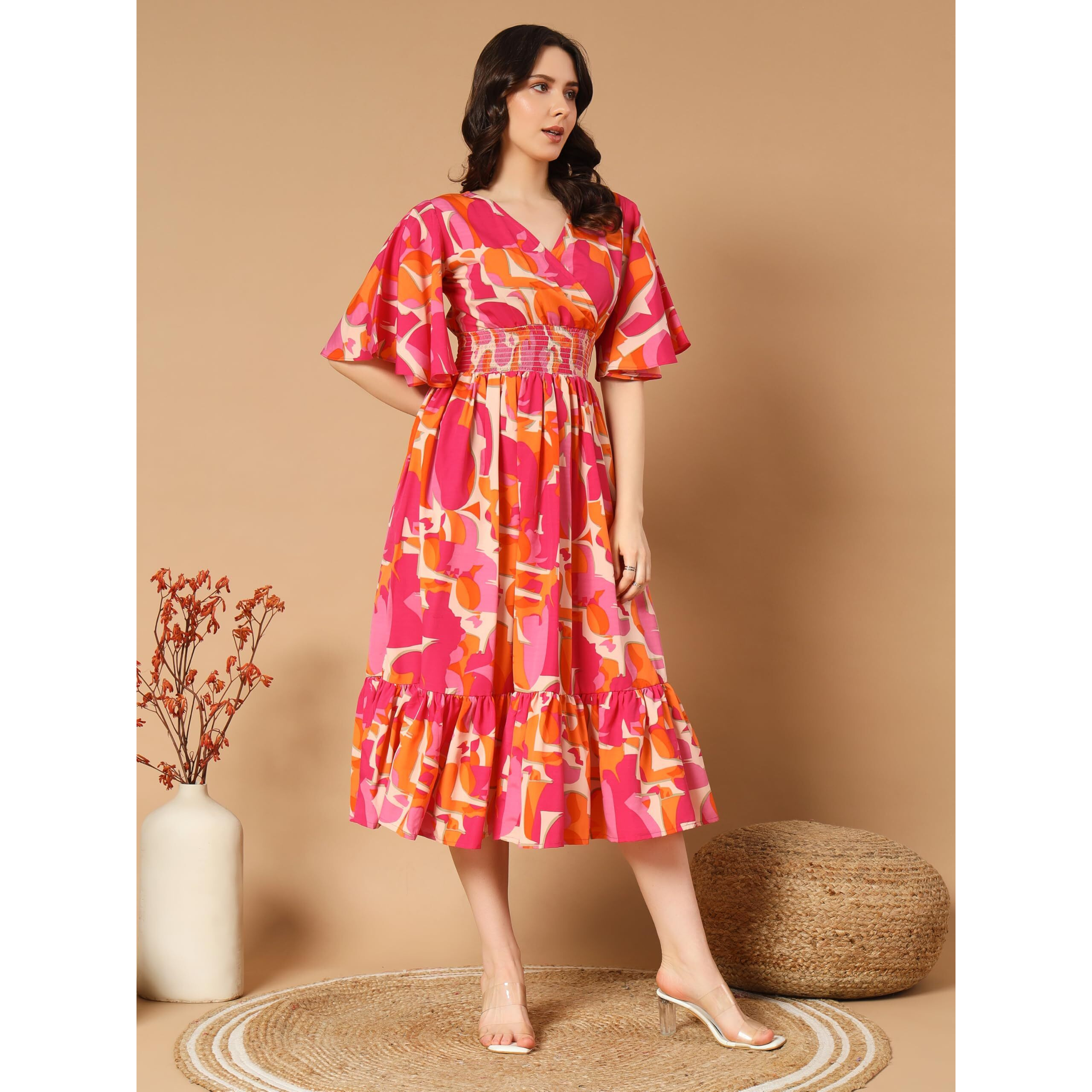 KZULLY Women's Rayon Smocked Midi Dress (6001-Orange-Pink-XXL_Orange-Pink_2XL)